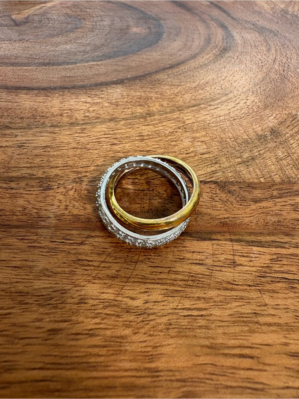 Interlocking Gold and Silver Tone Ring with Pavé Crystals - Size 6.5 - Picture 6 of 13